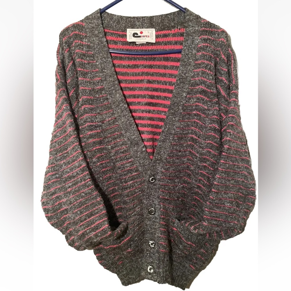 Vintage Cooper Monsieur Cardigan Wool Blend Grey Pink Stripes 80s Button Medium